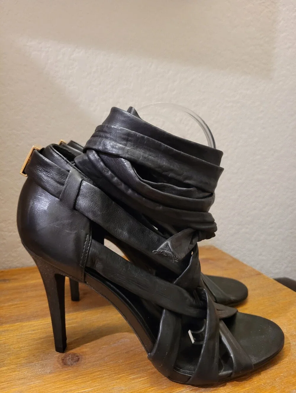 Tory Burch Leather Black Wrap-Around Strappy Stiletto Sandal